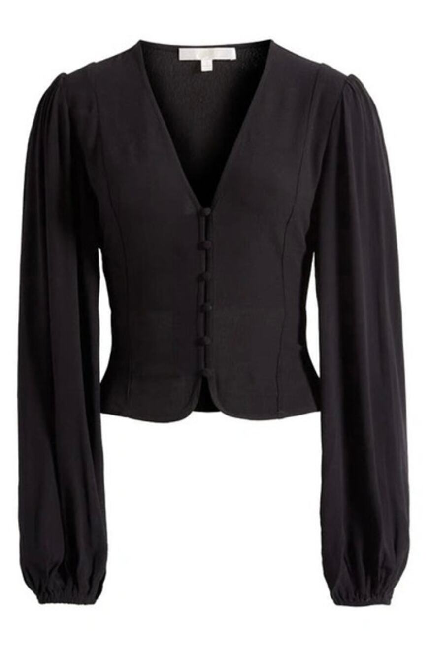 WAYF Lidia Puff Sleeve Black V Neck Long Sleeve Fitted Feminine Blouse Womens Md